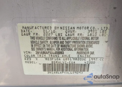 2010 Nissan Sentra 2.0Sl z USA, uszkodzony, nr VIN 3N1AB6APXAL659093